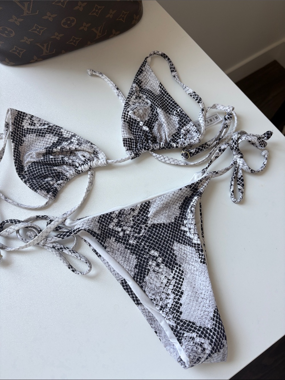 Women's Snake Print Tie-Side Bikini Top & Bottom - Black/White